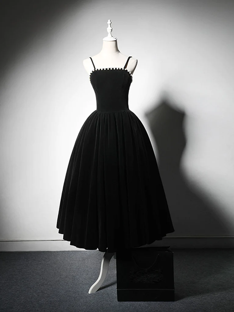 Simple A-Line Velvet Tea Length Burgundy Prom Dress