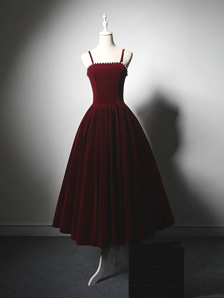 Simple A-Line Velvet Tea Length Burgundy Prom Dress