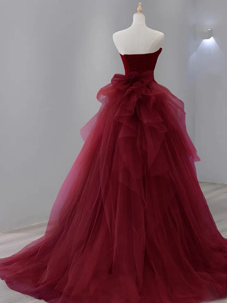 Simple Mermaid Tulle Velvet Burgundy Long Prom Dress