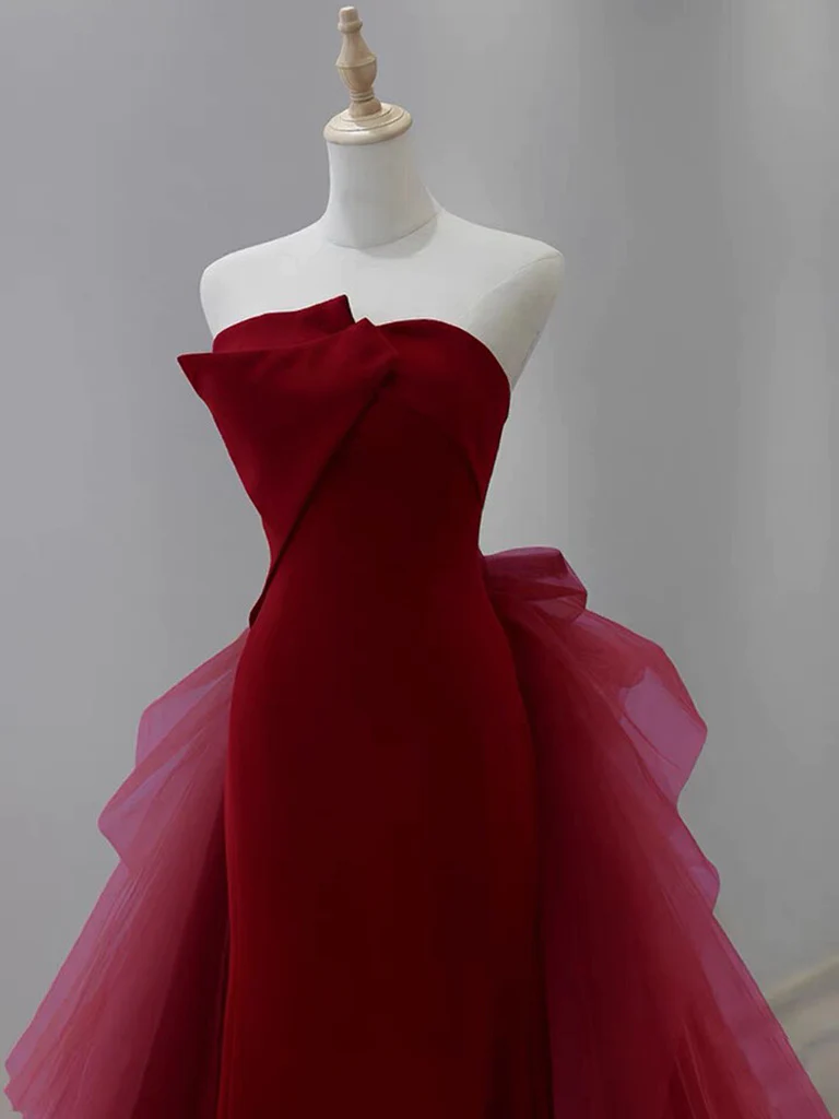 Simple Mermaid Tulle Velvet Burgundy Long Prom Dress
