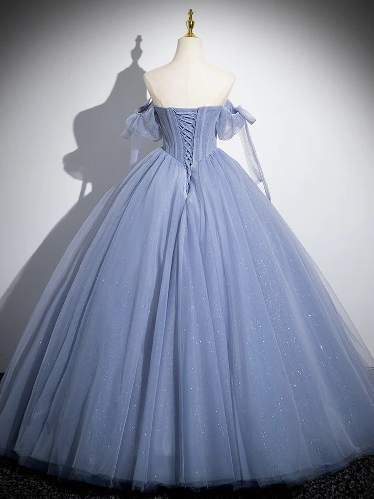 Stunning Ball Gown Blue A-Line Tulle Beads Long Sweet 16 Dresses