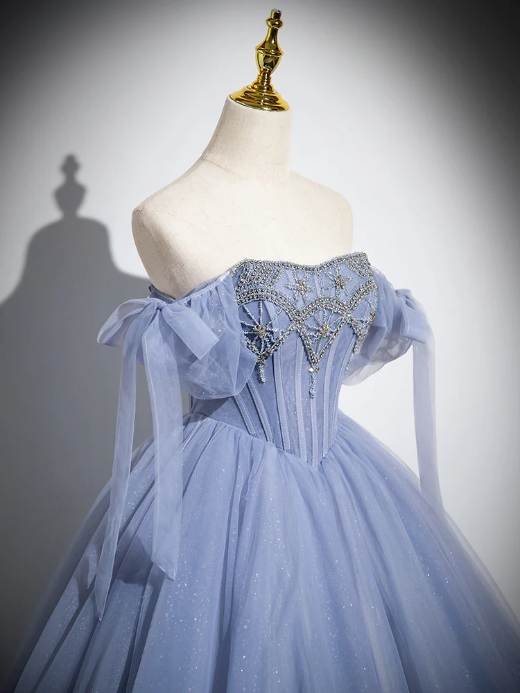 Stunning Ball Gown Blue A-Line Tulle Beads Long Sweet 16 Dresses