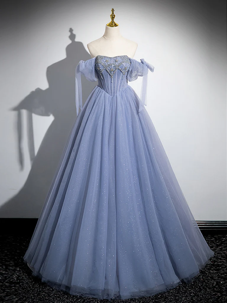 Stunning Ball Gown Blue A-Line Tulle Beads Long Sweet 16 Dresses