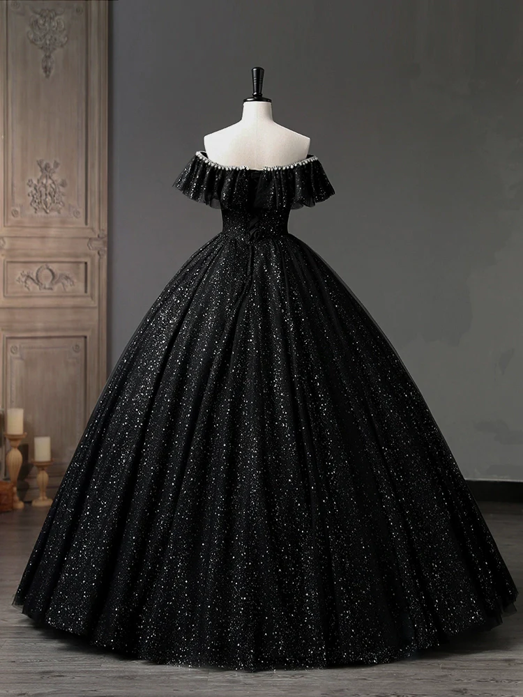 Simple A-Line Sweetheart Neck Tulle Sequin Black Long Prom Dress