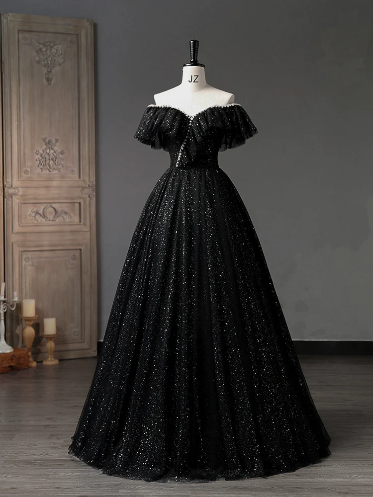 Simple A-Line Sweetheart Neck Tulle Sequin Black Long Prom Dress