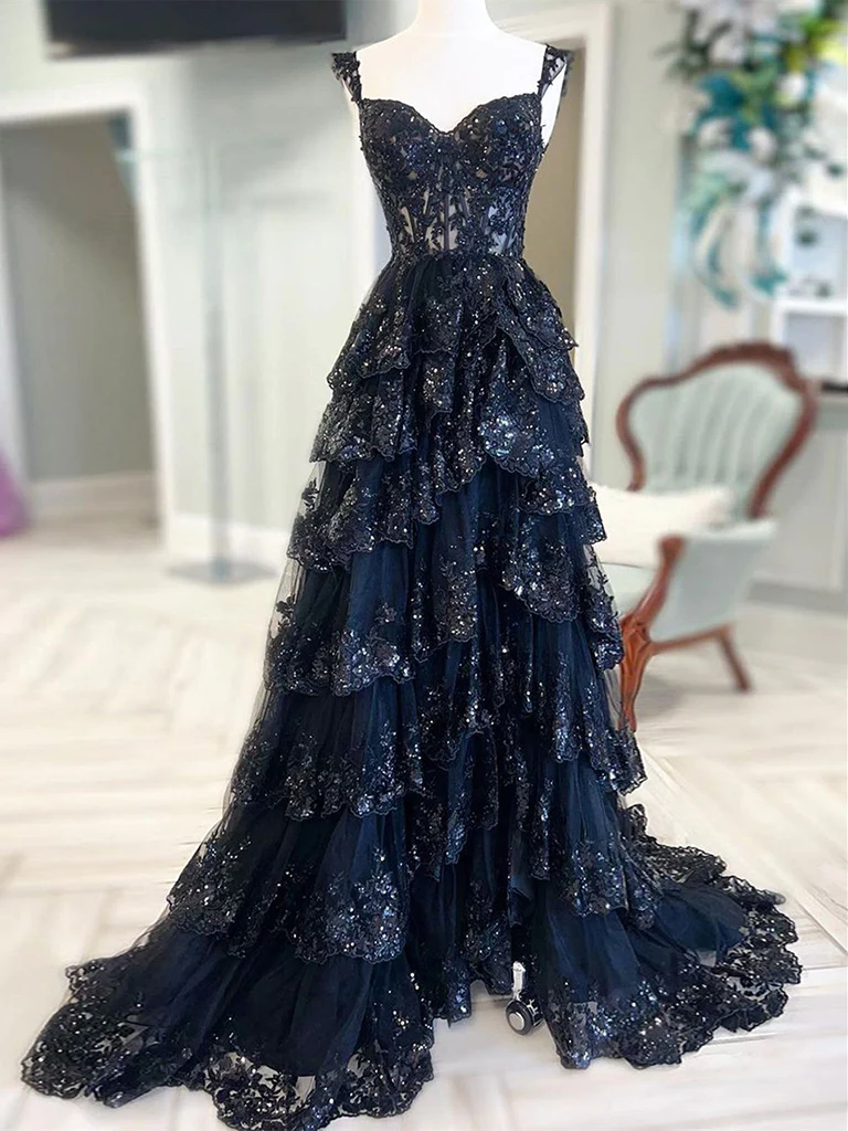 Cute A-Line Sweetheart Neck Tulle Sequin Black Long Prom Dress