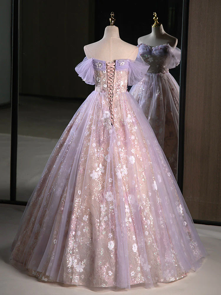 Ball Gown Sweetheart Neck Tulle Lace Purple Long Sweet 16 Dresses