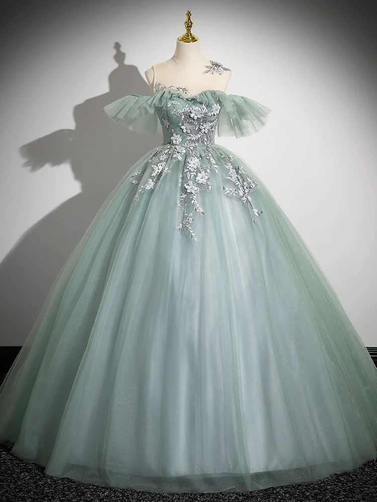 Ball Gown Off Shoulder Tulle Lace Green Long Sweet 16 Dresses