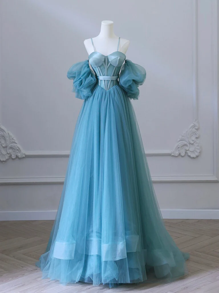 Simple A-Line Sweetheart Neck Tulle Blue Long Prom Dress