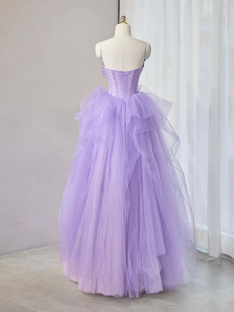 Cute Purple Sweetheart Neck Tulle Applique Long Prom Dress