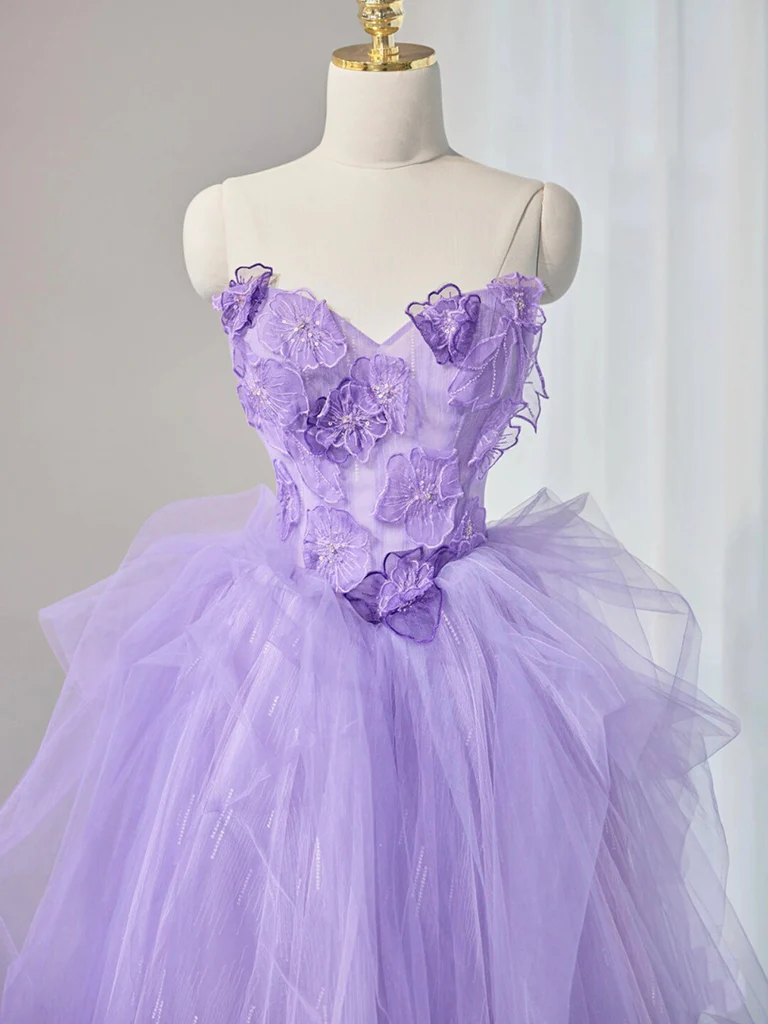 Cute Purple Sweetheart Neck Tulle Applique Long Prom Dress