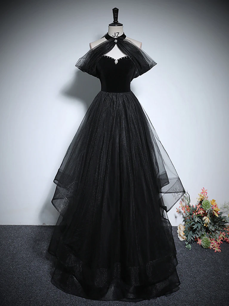 Cute A-Line Tulle Black Long Prom Dress