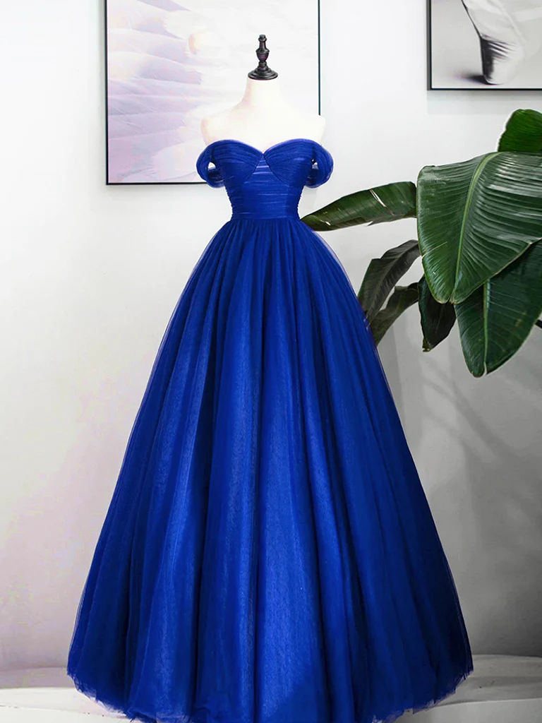 A-Line Sweetheart Neck Tulle Royal Blue Long Prom Dress