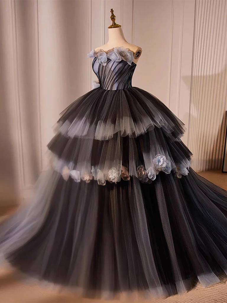 Ball Gown Black Tulle Long Prom Gown Sweet 16 Dresses