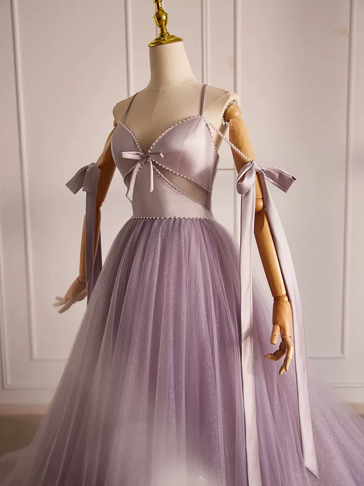 A-Line V Neck Tulle Beads Lilac Long Prom Dress