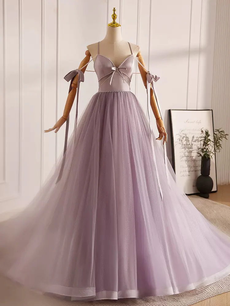 A-Line V Neck Tulle Beads Lilac Long Prom Dress