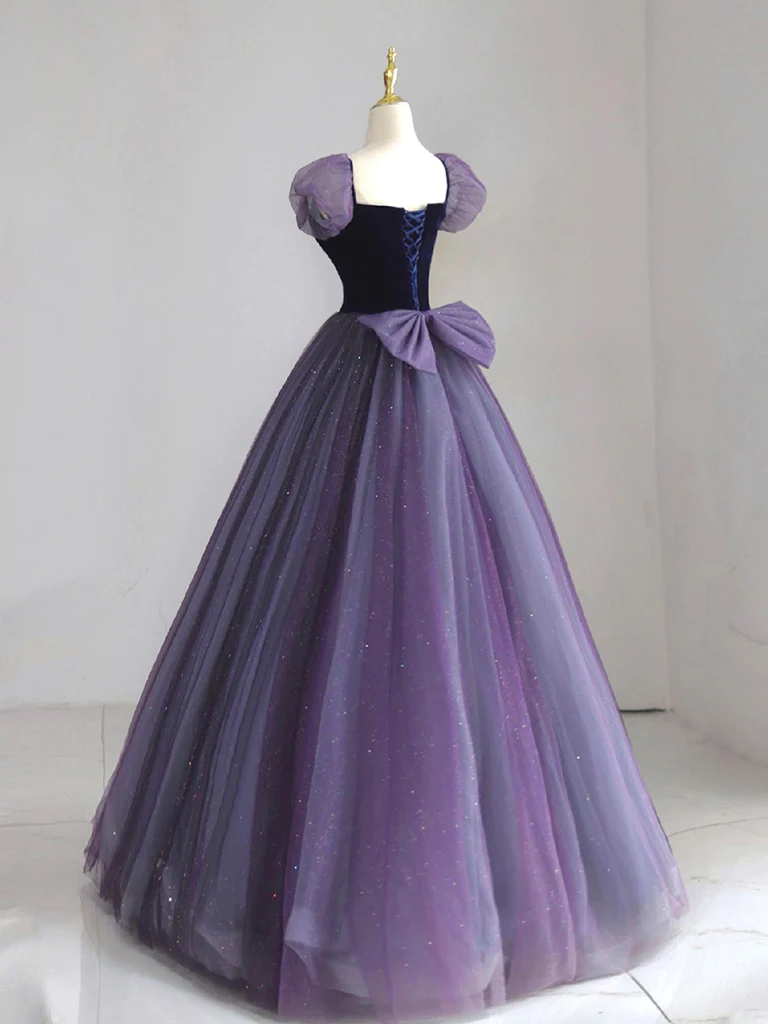 A-Line Puff sleeves Tulle Velvet Purple Long Prom Dress