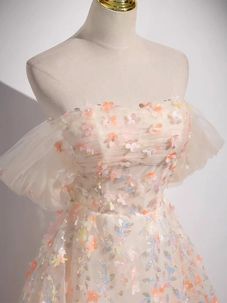 A-Line Off Shoulder Lace Tulle Long Prom Dress