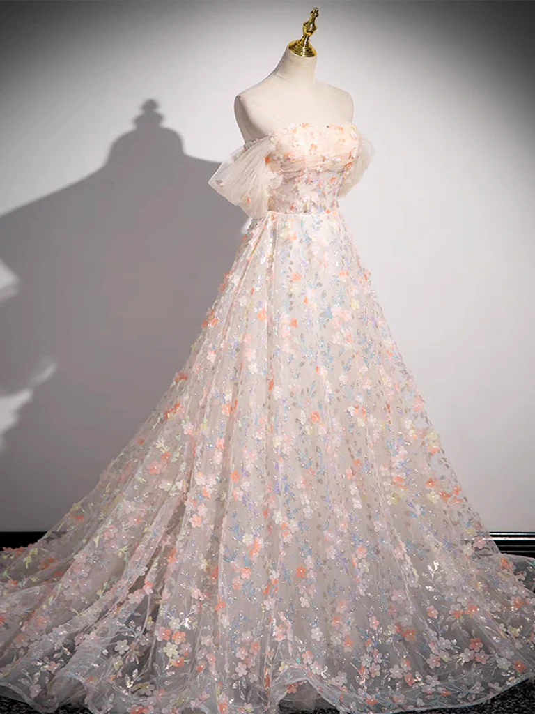 A-Line Off Shoulder Lace Tulle Long Prom Dress