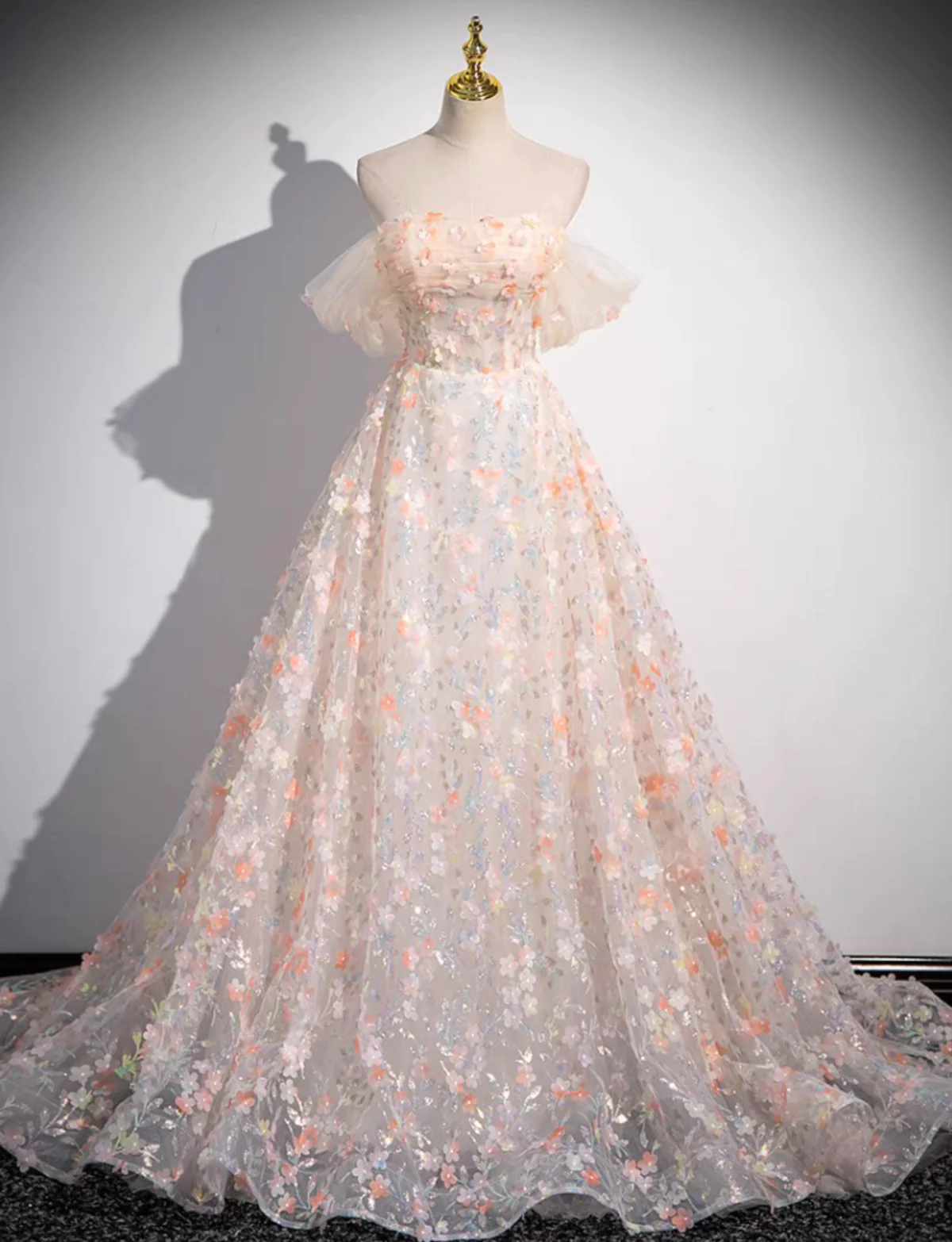 A-Line Off Shoulder Lace Tulle Long Prom Dress