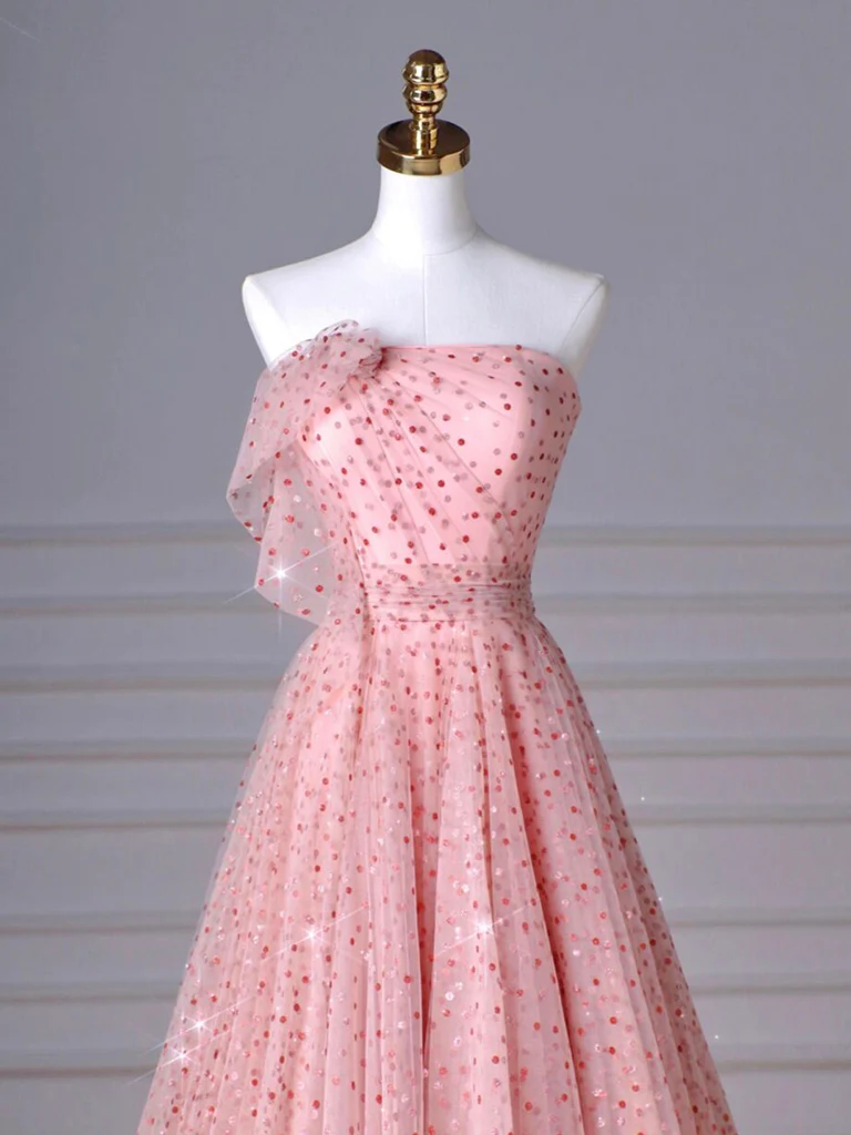 A-Line Pink Tulle Long Prom Dress