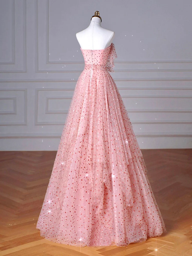 A-Line Pink Tulle Long Prom Dress