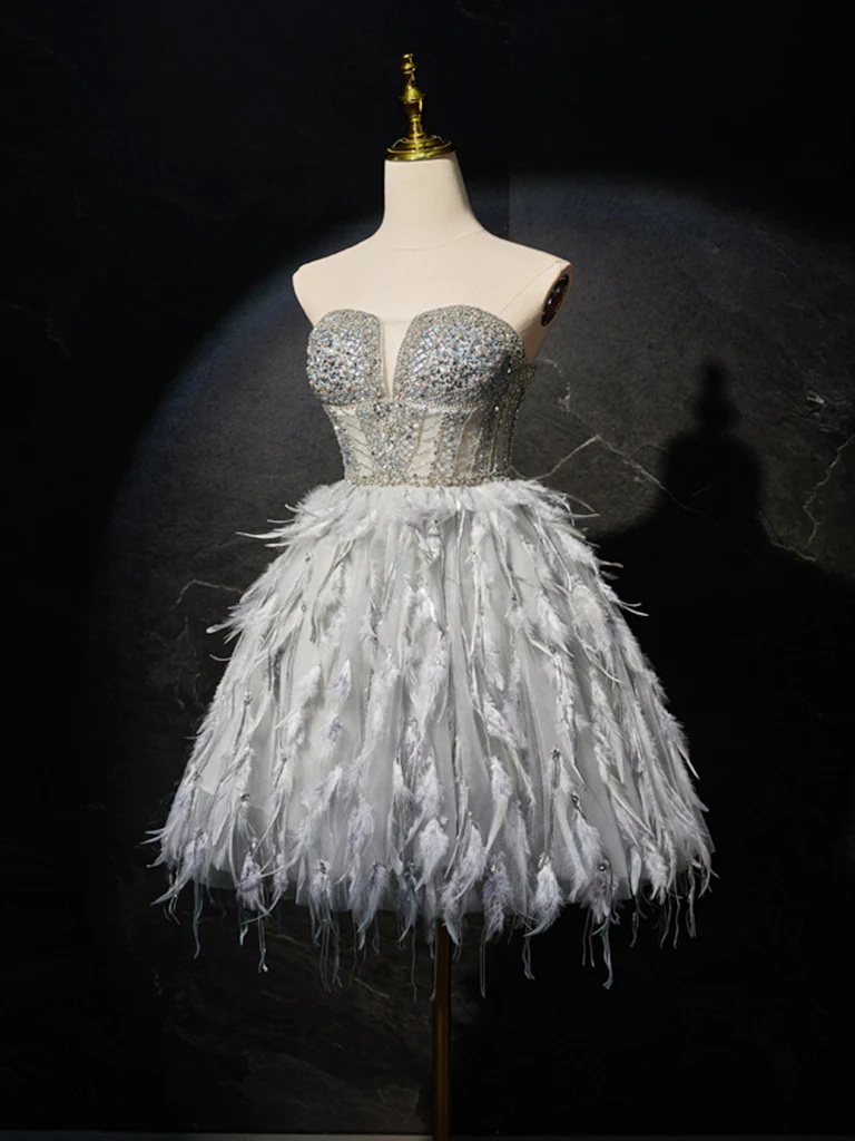 Gray Sweetheart Neck Tulle Beads Feather Homecoming Dresses