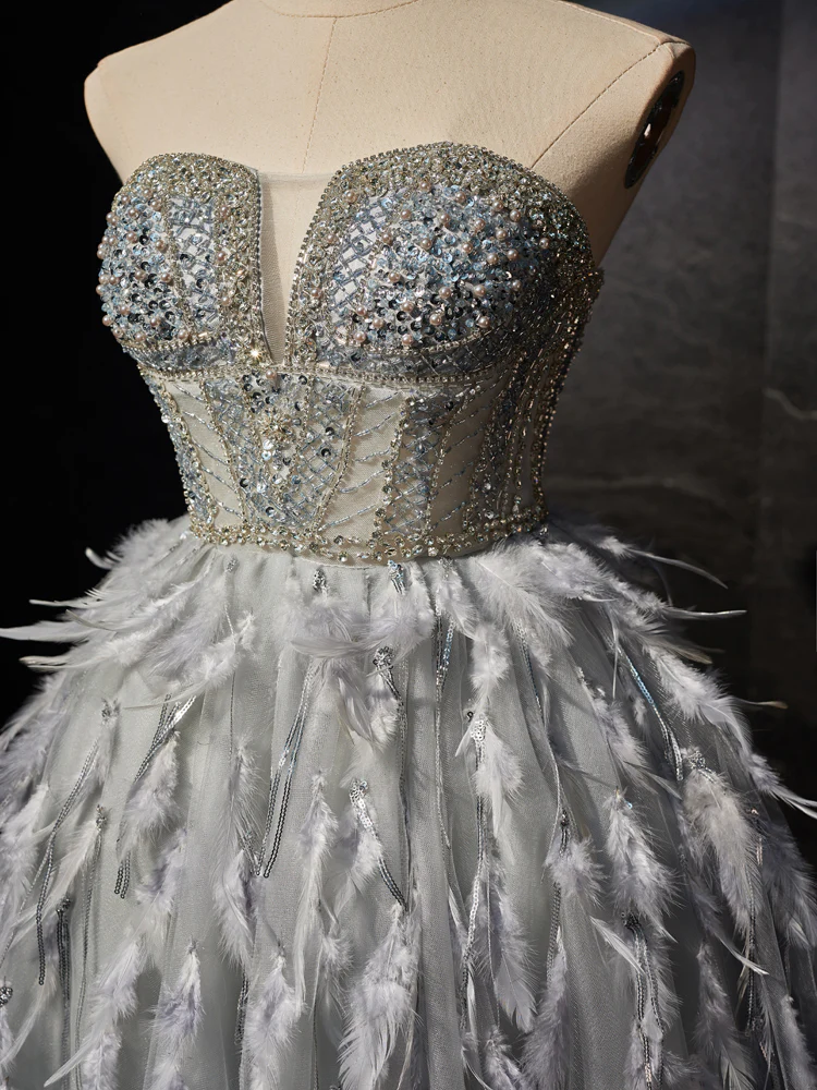 Gray Sweetheart Neck Tulle Beads Feather Homecoming Dresses