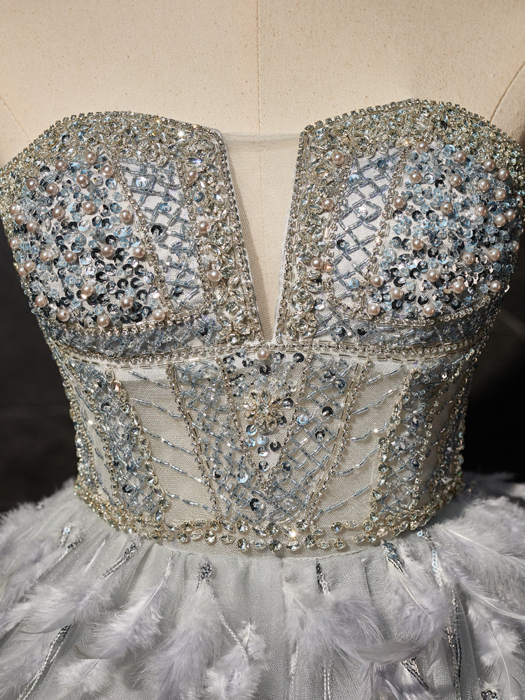 Gray Sweetheart Neck Tulle Beads Feather Homecoming Dresses