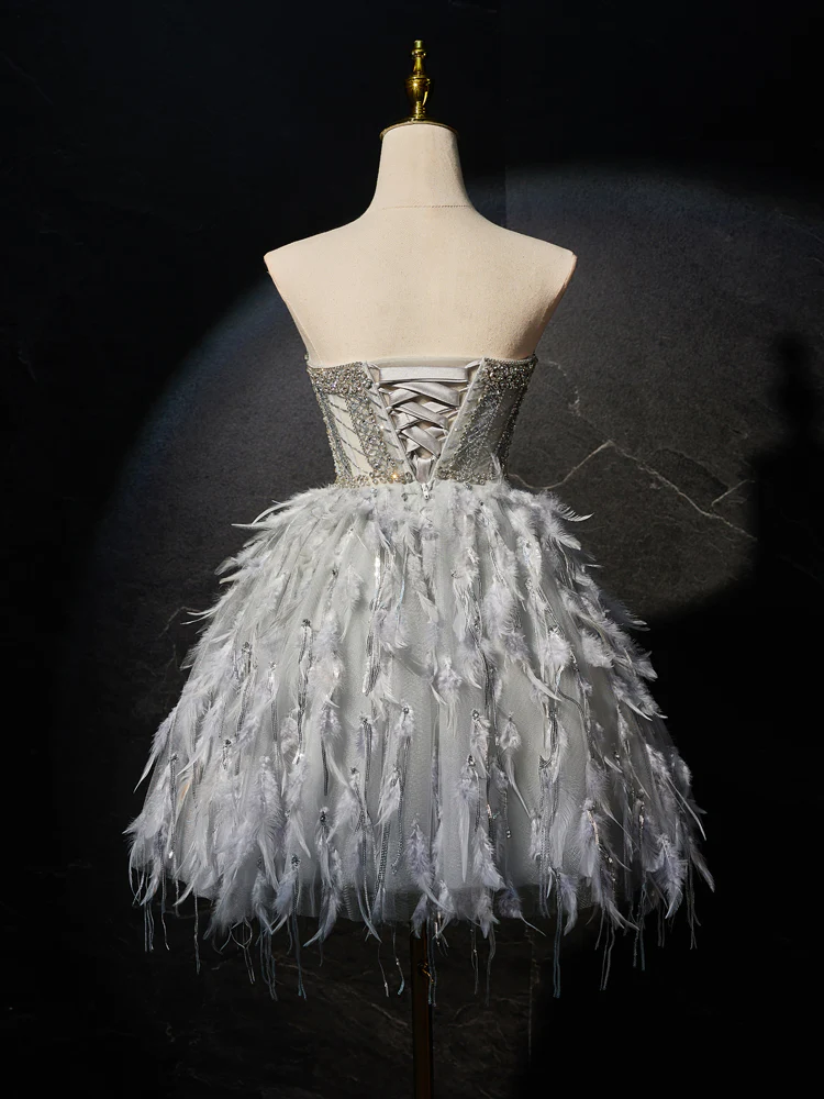 Gray Sweetheart Neck Tulle Beads Feather Homecoming Dresses