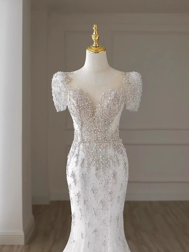 Luxury Mermaid Short Sleeves White Long Wedding Dresses