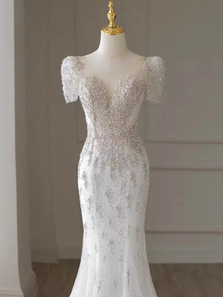 Luxury Mermaid Short Sleeves White Long Wedding Dresses