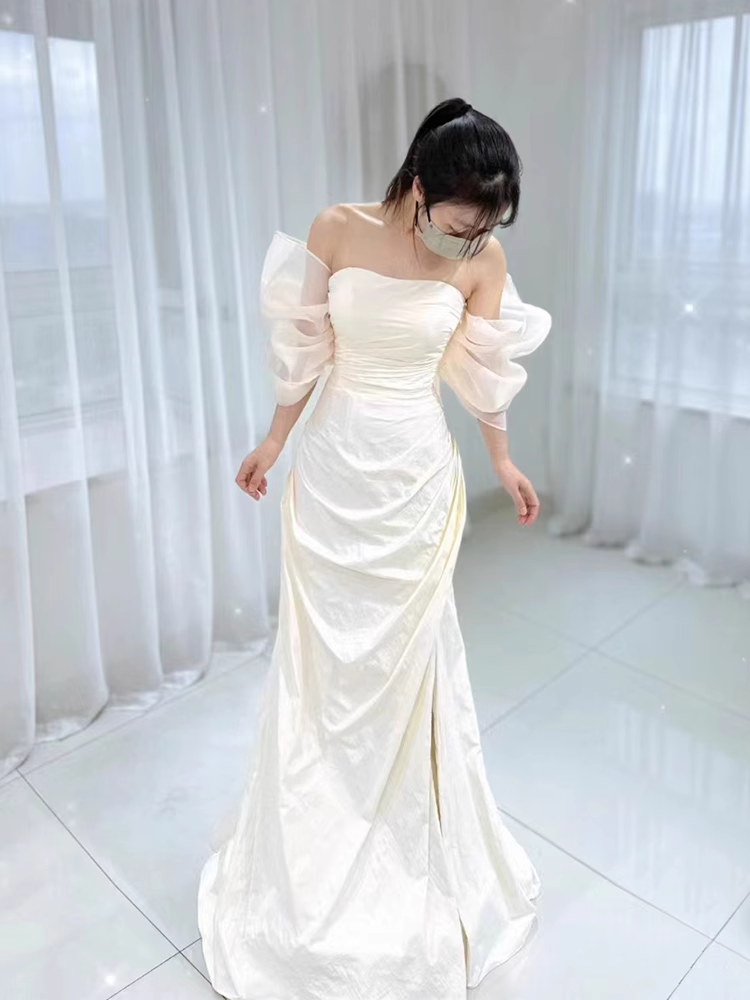 Vintage Mermaid Short Sleeves White Long Wedding Dresses