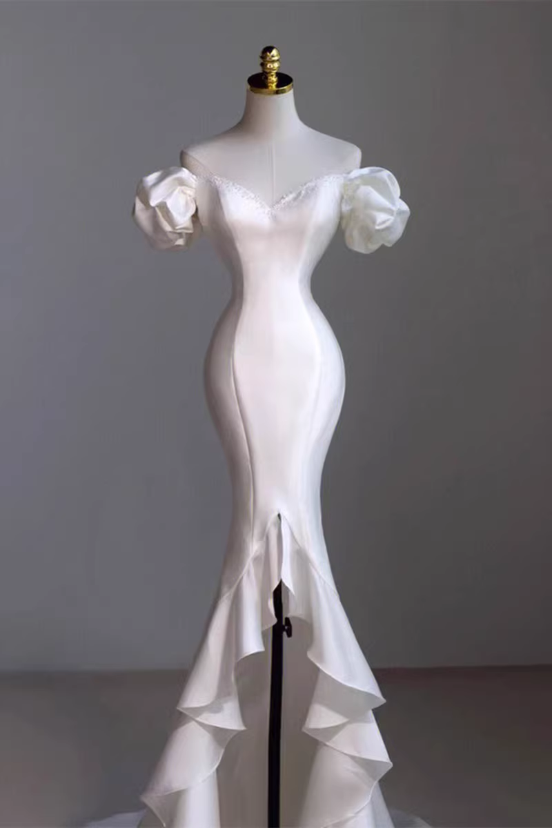 Vintage Mermaid Off the Shoulder Short Sleeves White Satin Wedding Dresses