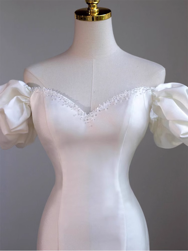 Vintage Mermaid Off the Shoulder Short Sleeves White Satin Wedding Dresses