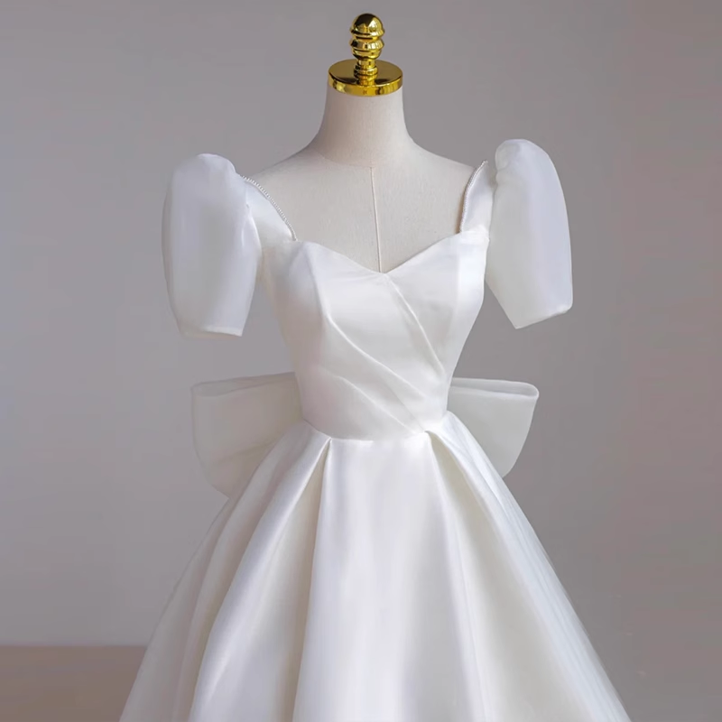 Princess A line White Satin Long Wedding Dresses