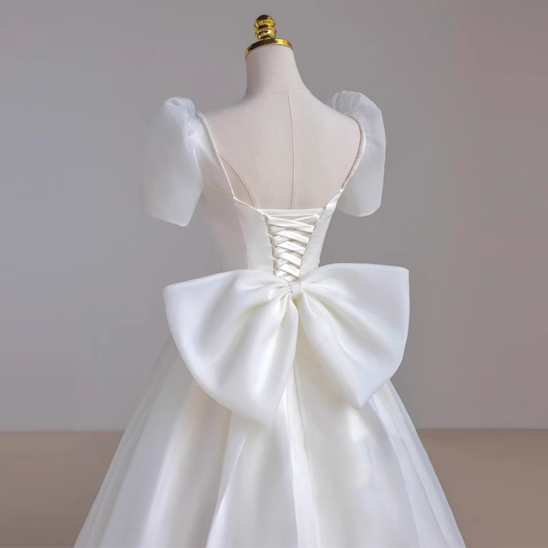 Princess A line White Satin Long Wedding Dresses