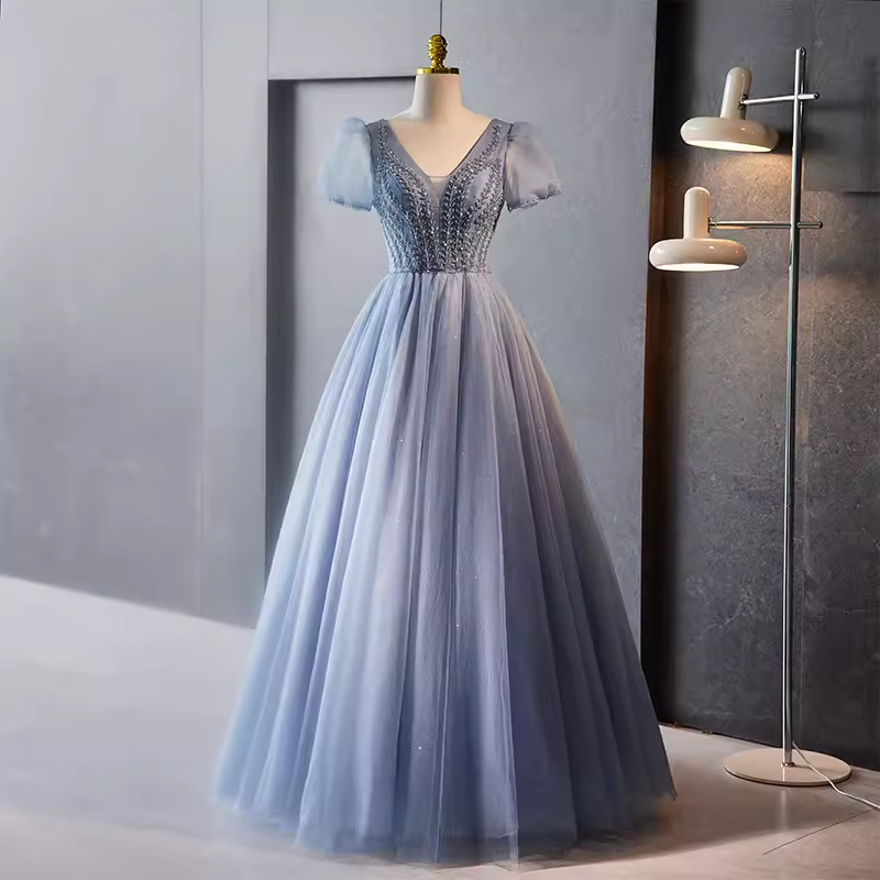 A line V Neckline Short Sleeves Long Blue Prom Dress
