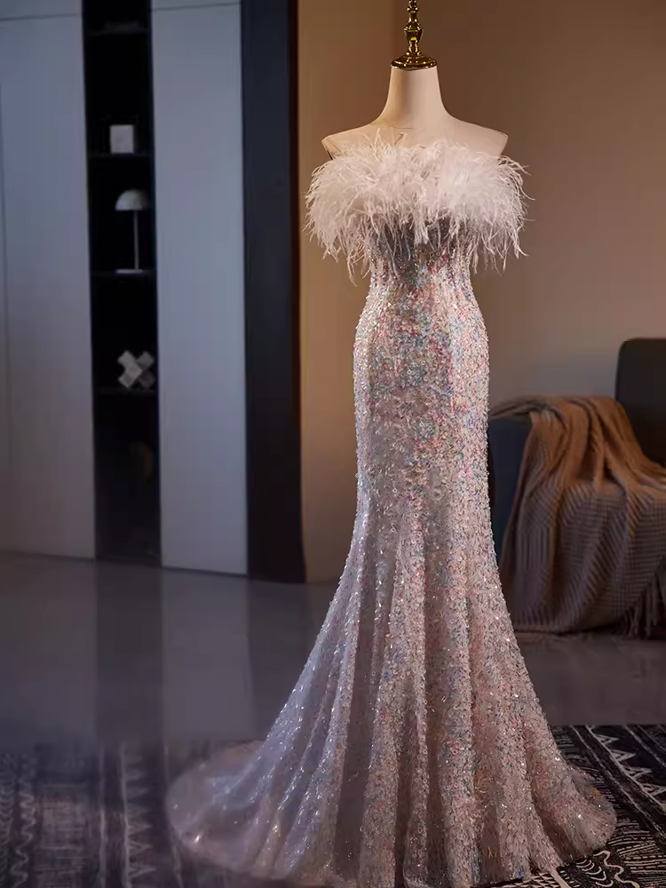 Mermaid Strapless Sequin Long Feather Prom Dress