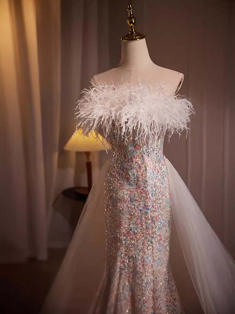 Mermaid Strapless Sequin Long Feather Prom Dress
