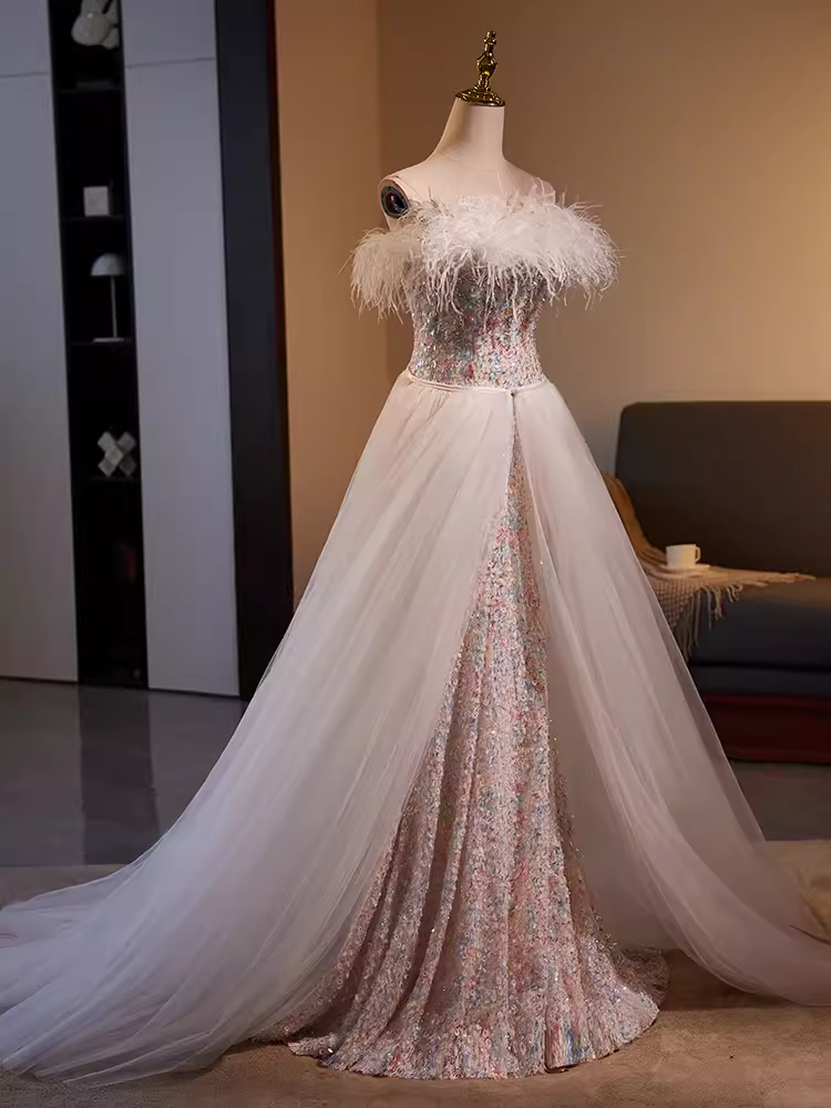 Mermaid Strapless Sequin Long Feather Prom Dress