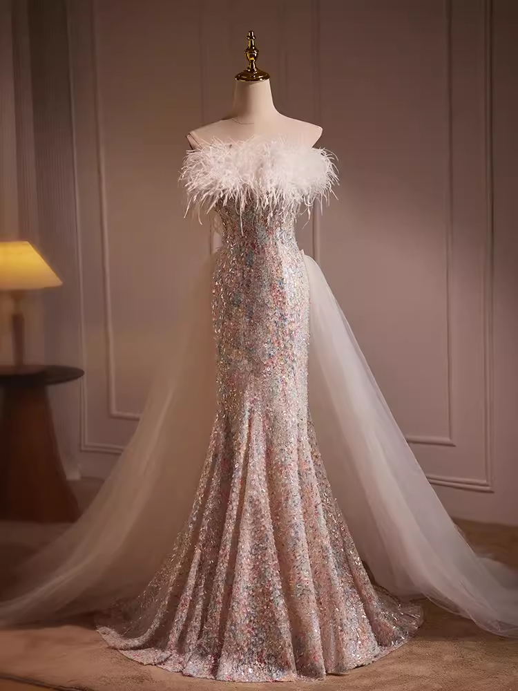 Mermaid Strapless Sequin Long Feather Prom Dress