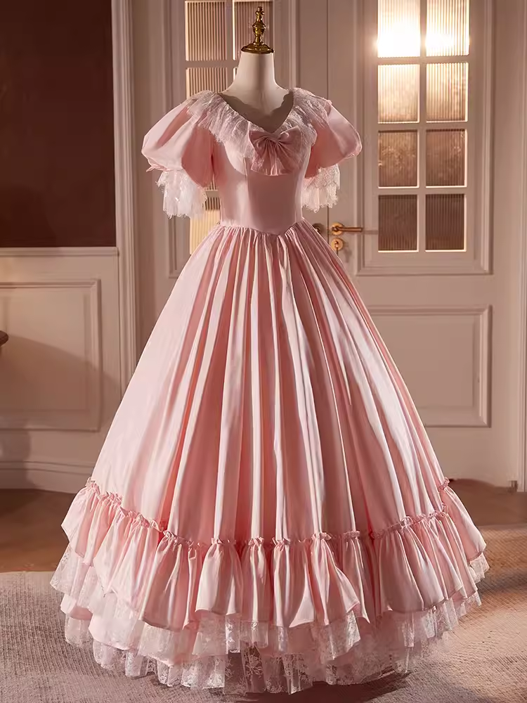 Vintage Ball Gown Pink Short Sleeves Lace Sweet 16 Dresses