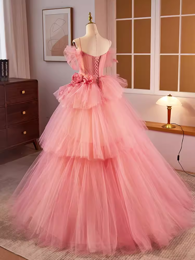 Vintage Ball Gown Short Sleeves Pink Flowers Sweet 16 Dresses