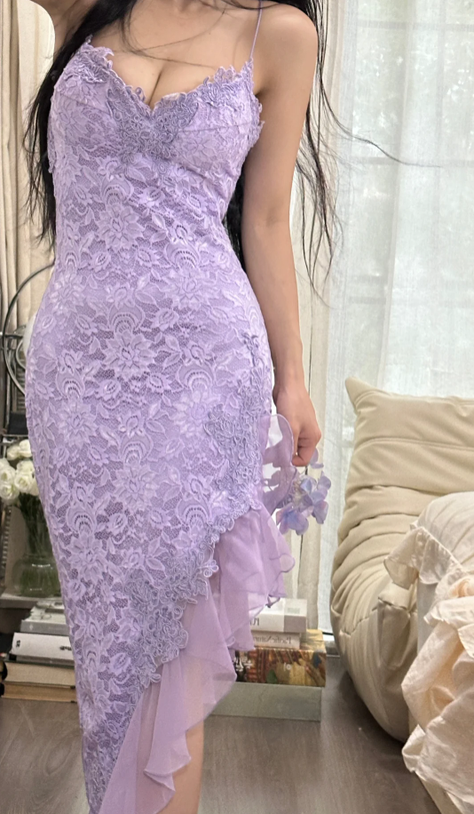 Pretty Spaghetti Straps Lavender V Neck Lace Chiffon Ruffles Long Party Dress Birthday Dress