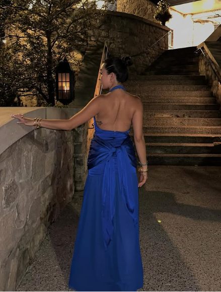 Sexy Royal Blue Halter Slit Satin Prom Dress Party Gown
