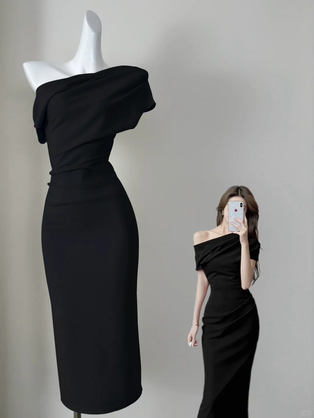 Sexy Black One Shoulder Satin Sheath Party Dress Cocktail Dress