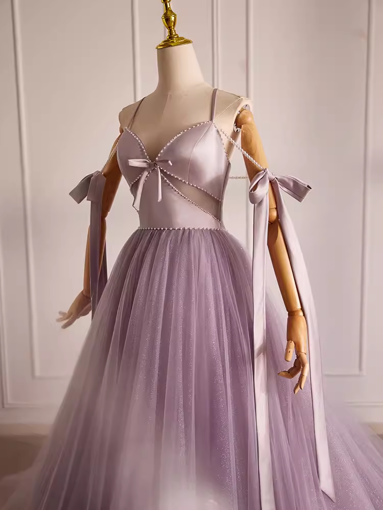 Modest A line Straps Tulle Long Lilac Prom Dress