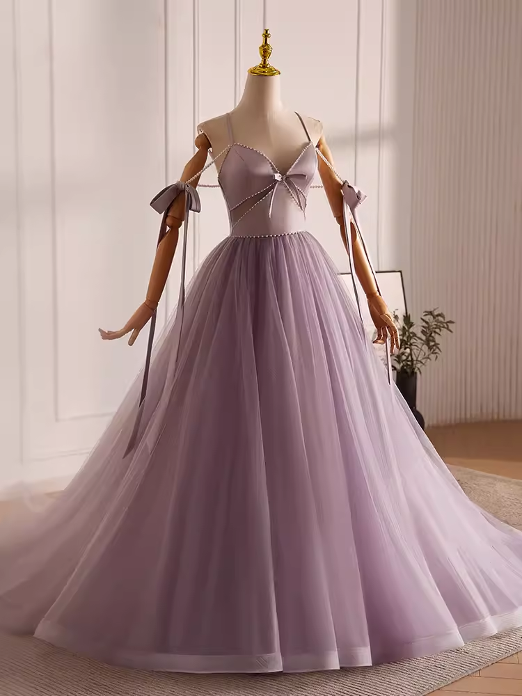 Modest A line Straps Tulle Long Lilac Prom Dress