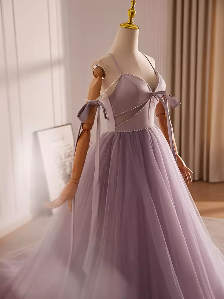 Modest A line Straps Tulle Long Lilac Prom Dress